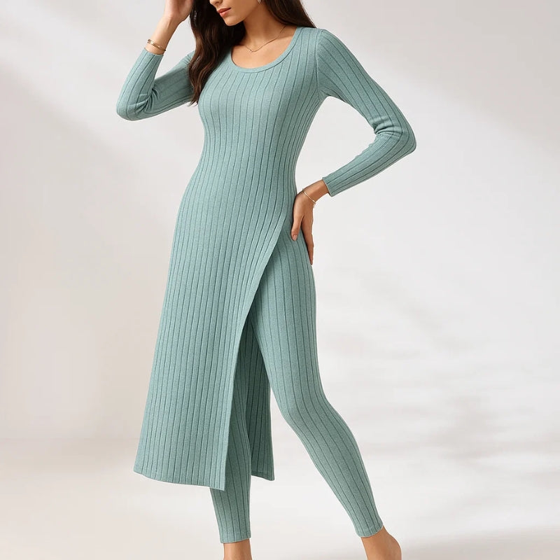 Women’s Ribbed Two-Piece Set – Split-Hem Longline Top and Wide-Leg Matching Pants