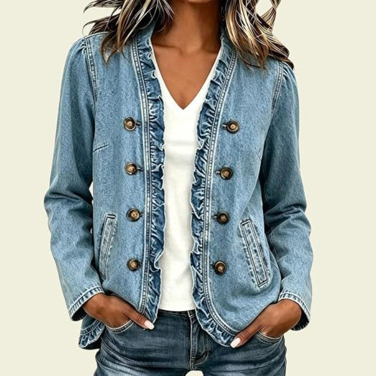 Women's Denim Jacket With Flounced Hem - Soft Casual Button Front Layer