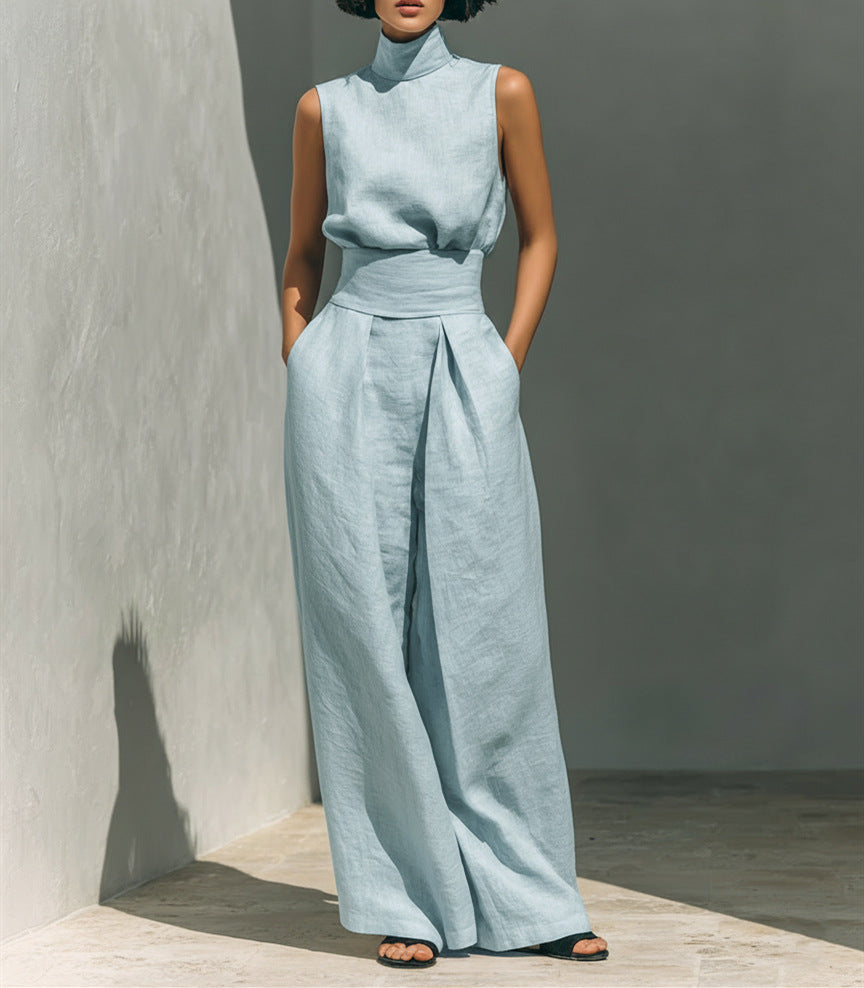 Women’s Sleeveless Two-Piece Set – Stand Collar Top & Straight-Leg Trousers Summer Casual Style