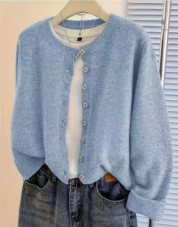 Short Round-Neck Knit Cardigan - Soft and Easy