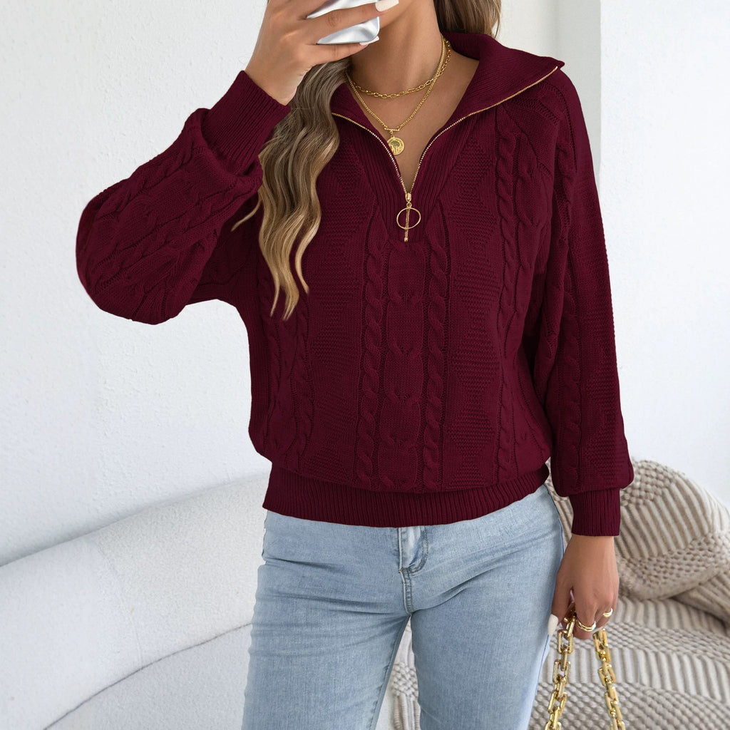 Cable-Knit Zip Collar Sweater - Cozy and Practical