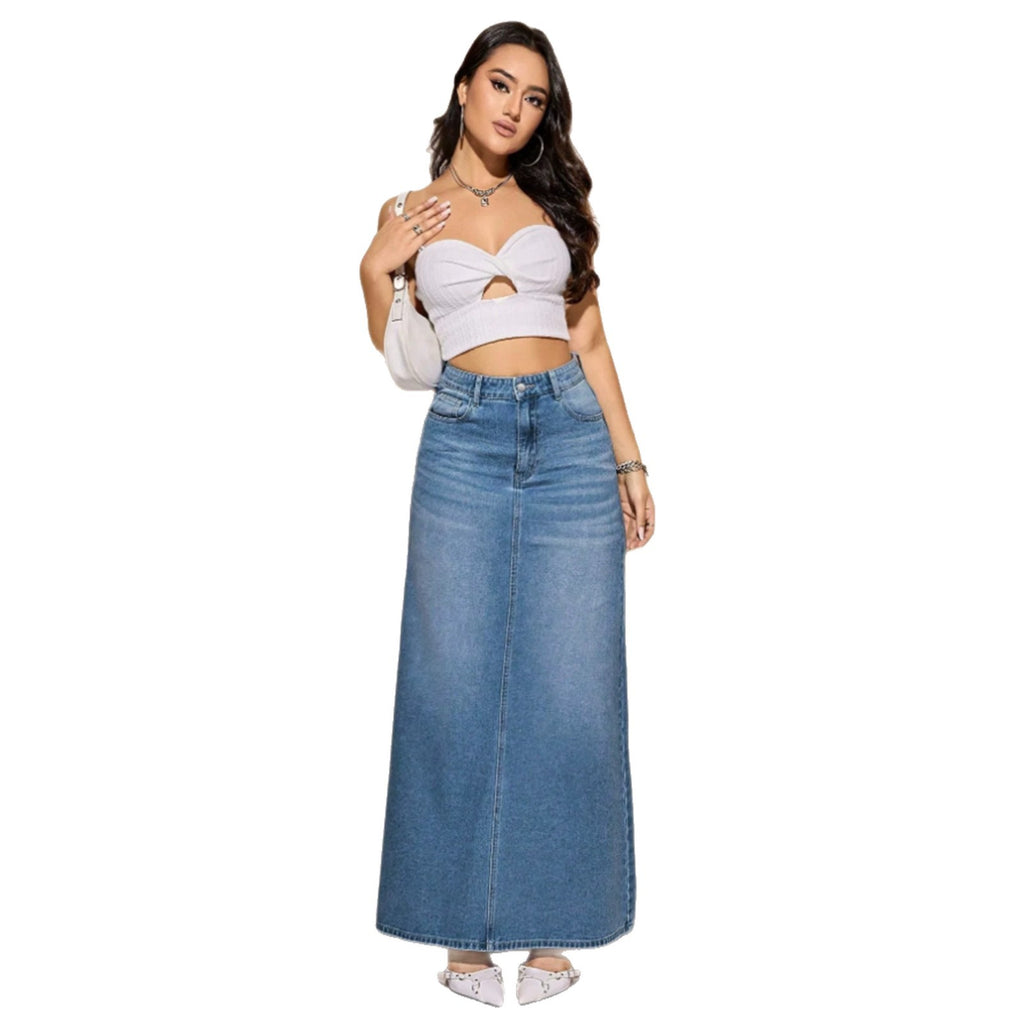 Washed Denim Long Skirt - Casual and Versatile