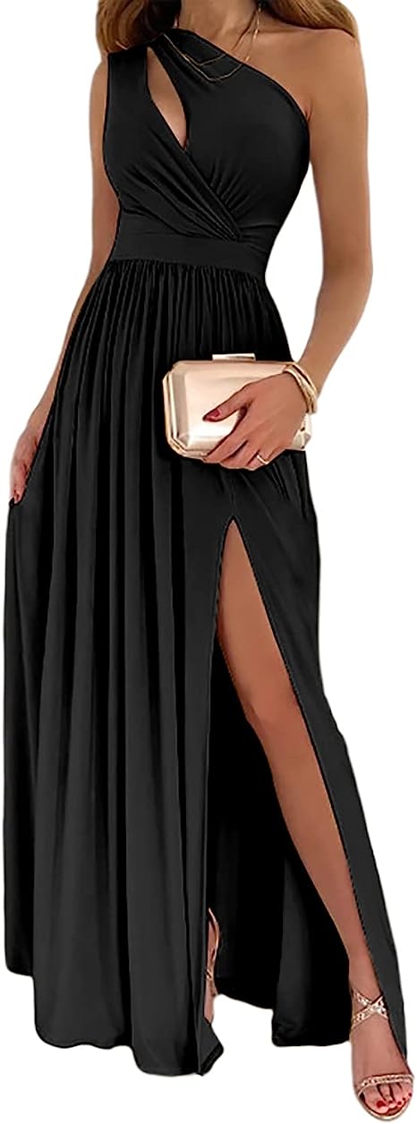 Women’s One-Shoulder Cutout Maxi Dress – High Split Elegant Sexy Cocktail Party Style