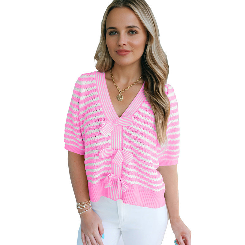 Women's Short Sleeve V Neck Knit Sweater - Soft Bow Detail Everyday Top