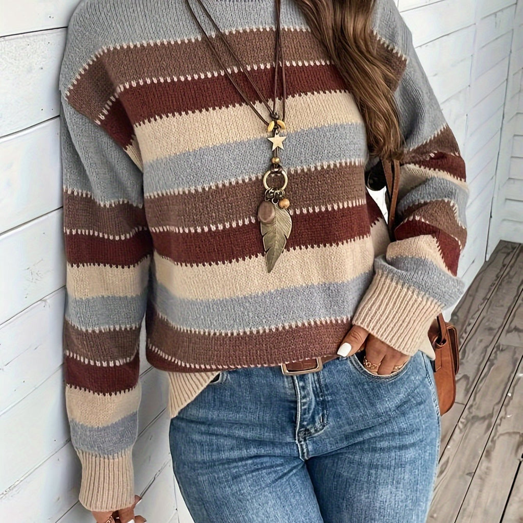 Women’s Striped Round Neck Sweater – Soft Casual Knit