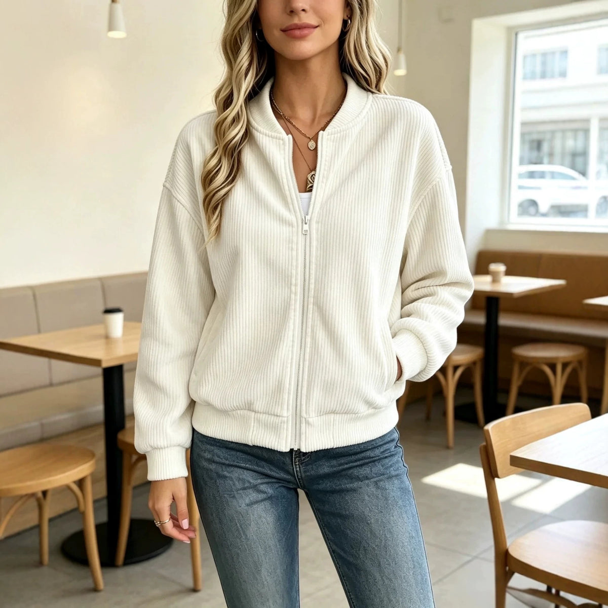 Retro Vertical-Stripe Zip Jacket - Casual and Relaxed