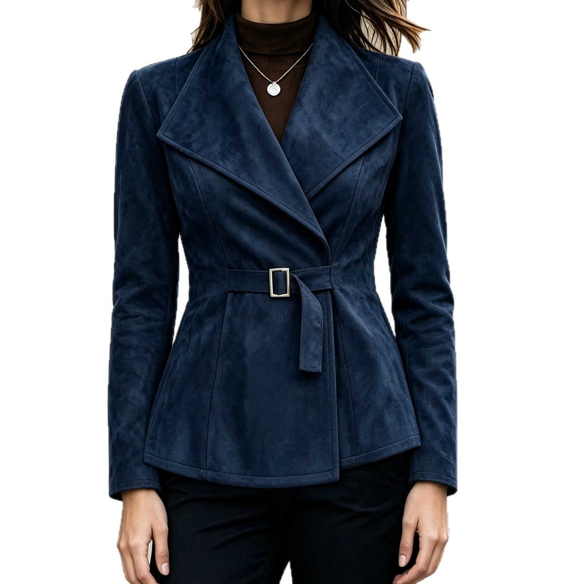 Women’s Faux Suede Lapel Coat – Elegant Long Sleeve Outerwear