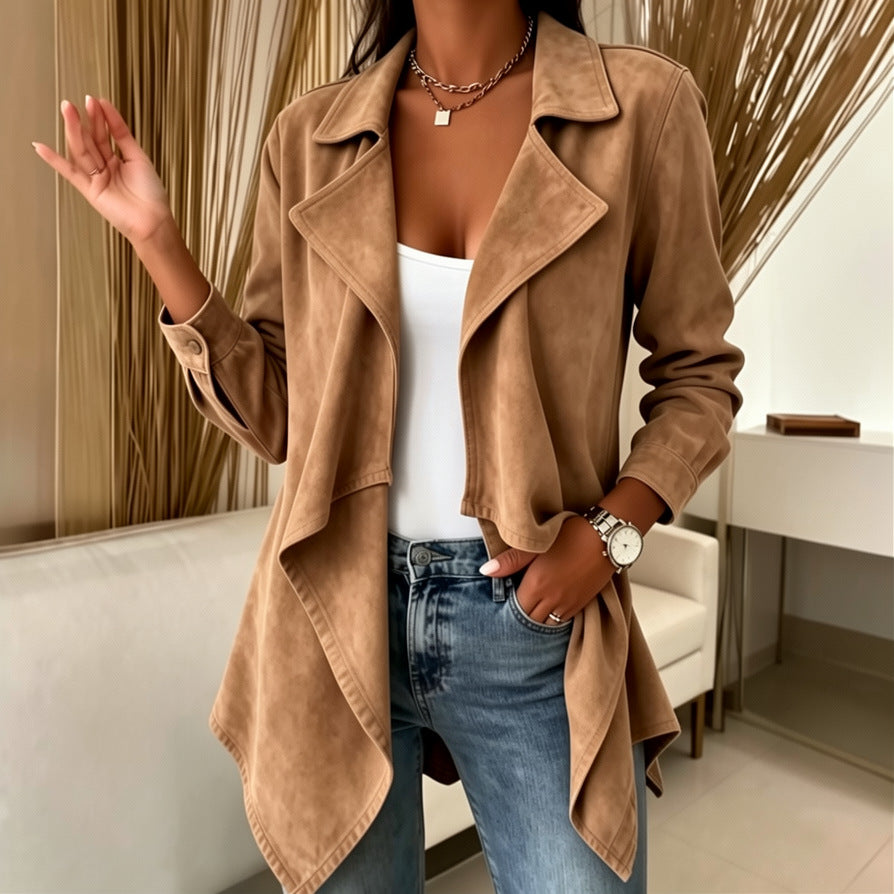 Faux Suede Mid-Length Jacket - Soft and Elegant