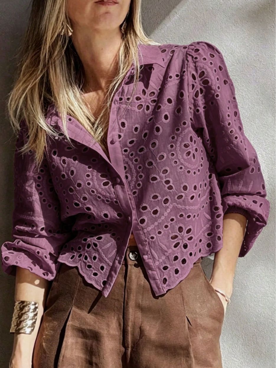 Women's Embroidered Short Shirt - Relaxed Hollow-Out Casual Blouse