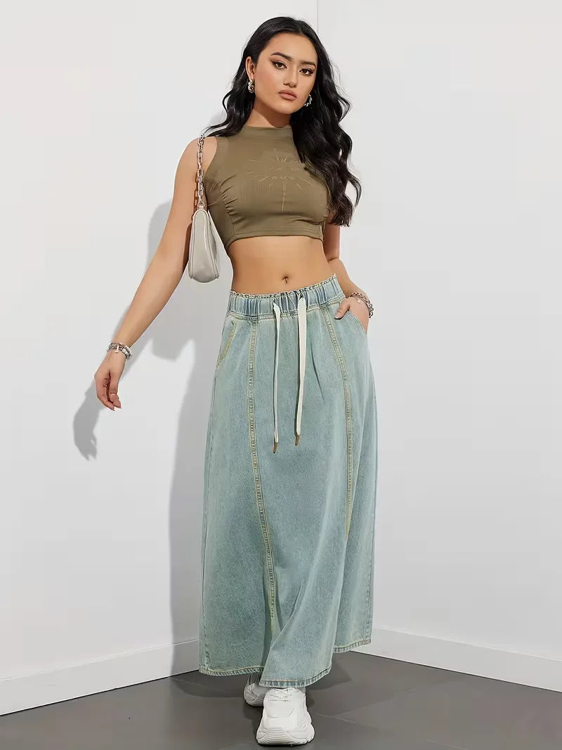 Women's Denim Maxi Skirt with Stretch Waist – Comfortable Everyday Style