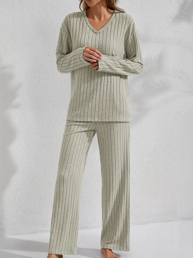 Women's Ribbed Long-Sleeve Top and Pants Set – Casual Comfortable Loungewear