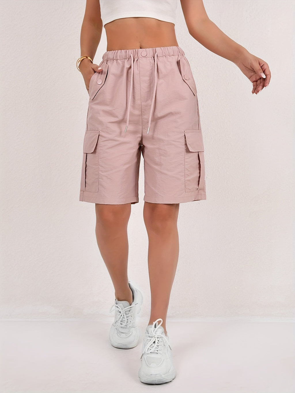 Women's Pink High-Waisted Drawstring Cargo Bermuda Shorts