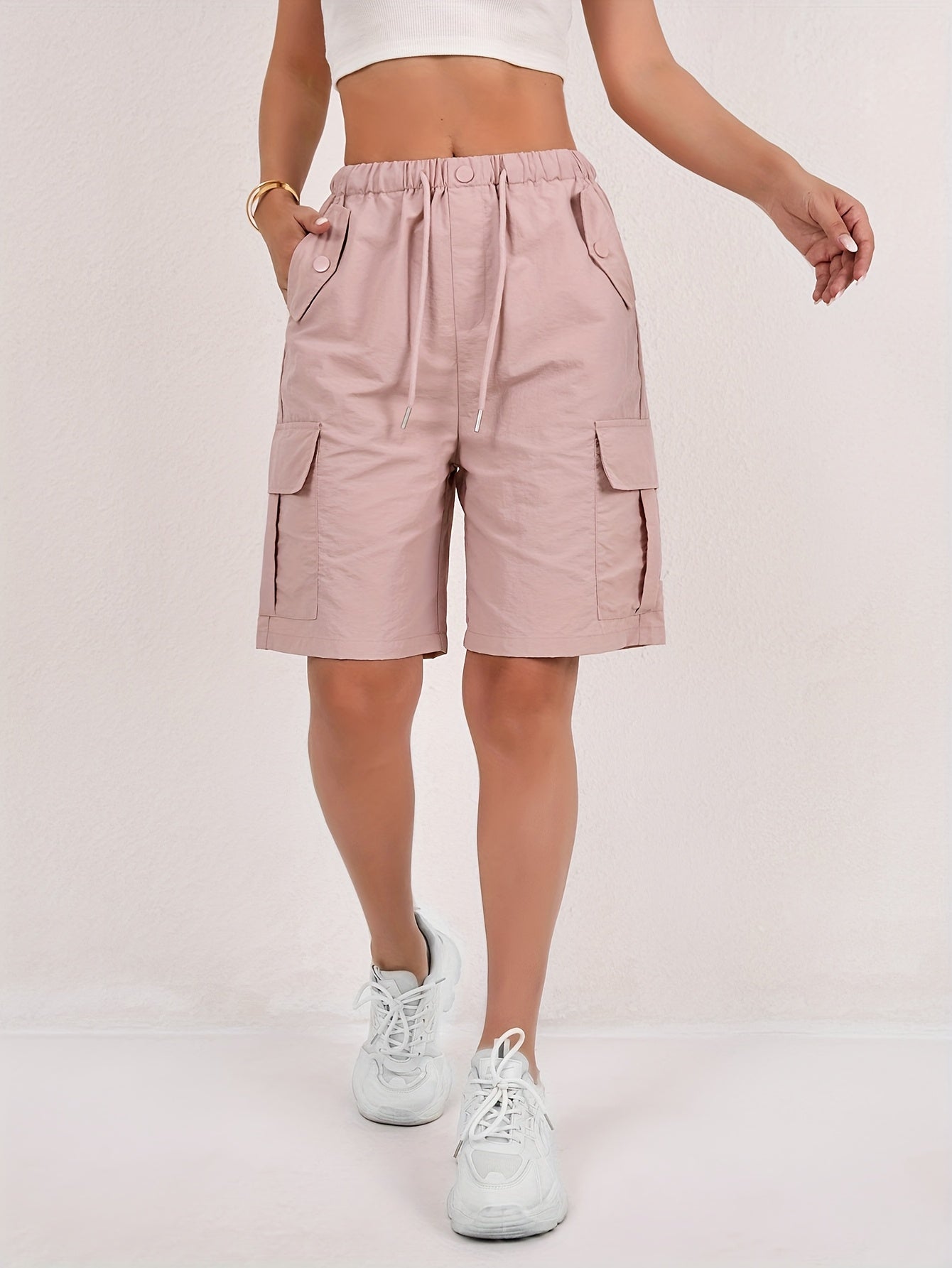 Women's Pink High-Waisted Drawstring Cargo Bermuda Shorts