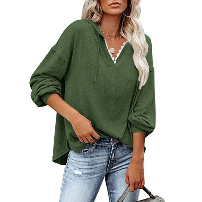 Women's Hooded Lace Sweatshirt - V-Neck Long Sleeve Casual Pullover