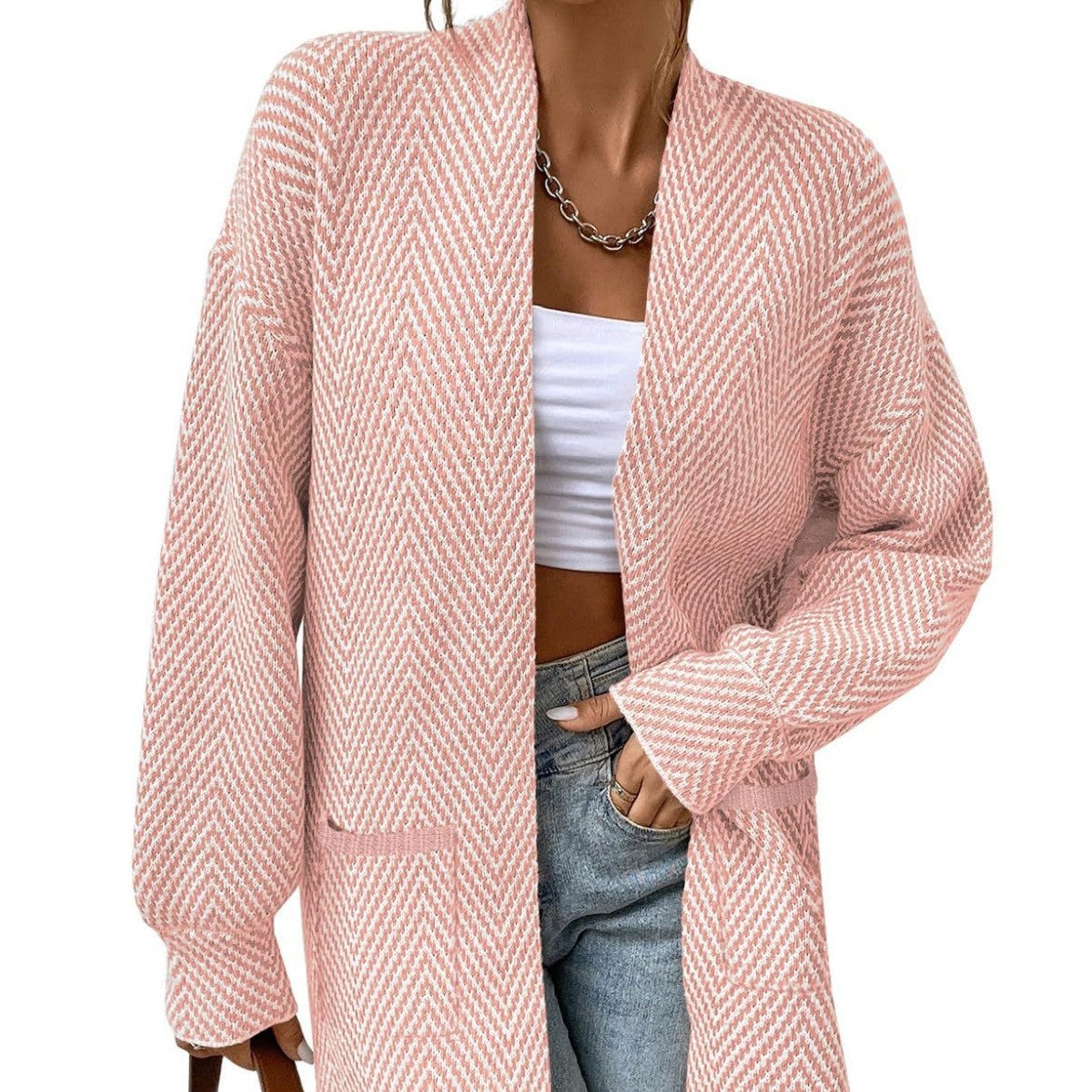 Pocket Long-Sleeve Knit Sweater - Loose and Casual