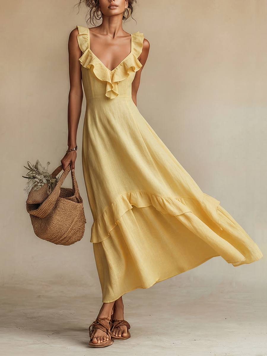 Women's Yellow Linen Maxi Dress - Ruffle V-Neck Boho Resort Style