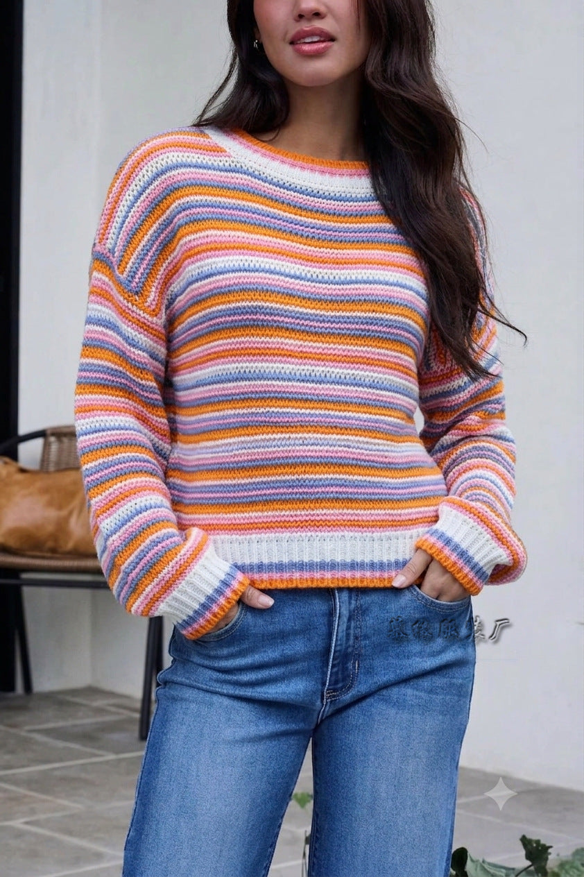 Women’s Striped Crew Neck Knit Sweater – Loose-Fit Cozy Casual Style