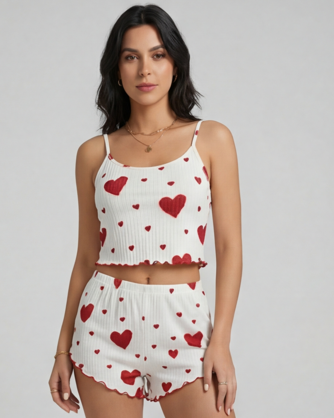 Women’s Stylish 2-Piece Heart Print Pajama Set – Comfy Top and Shorts Sleepwear