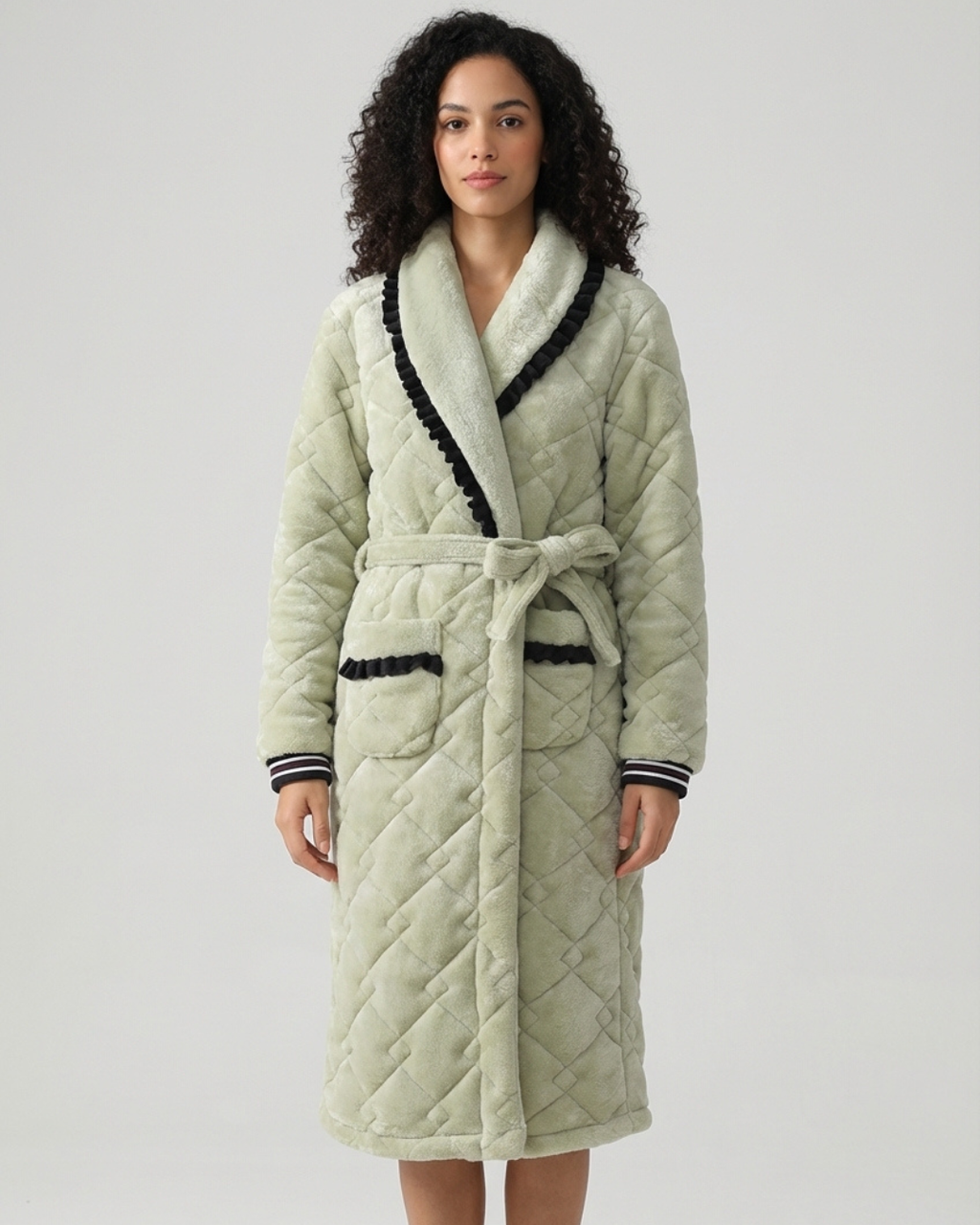 Women’s Winter Thick Quilted Bathrobe – Mid-Length Coral Fleece Pajama Robe