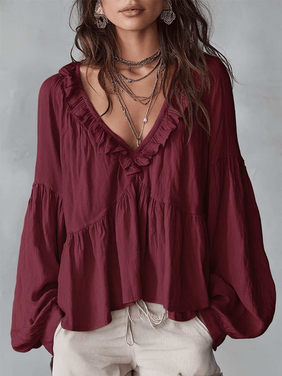 Women's Bohemian Ruffle Blouse – Airy Vintage-Inspired Long Sleeve Top