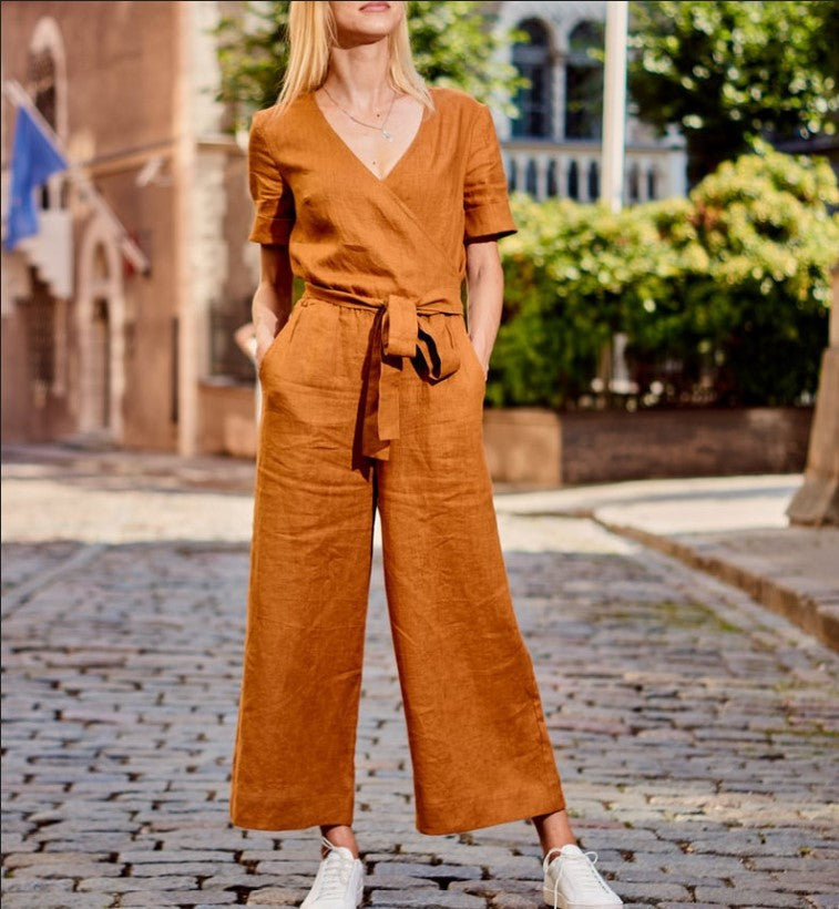 Women's Color-Block Short Sleeve Jumpsuit - Relaxed Wide Leg Everyday One-Piece