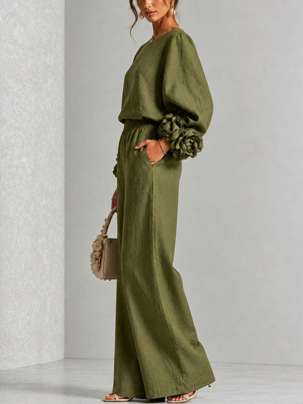 Women's Floral Cuff Two Piece Set - Relaxed Wide Leg Lounge Outfit