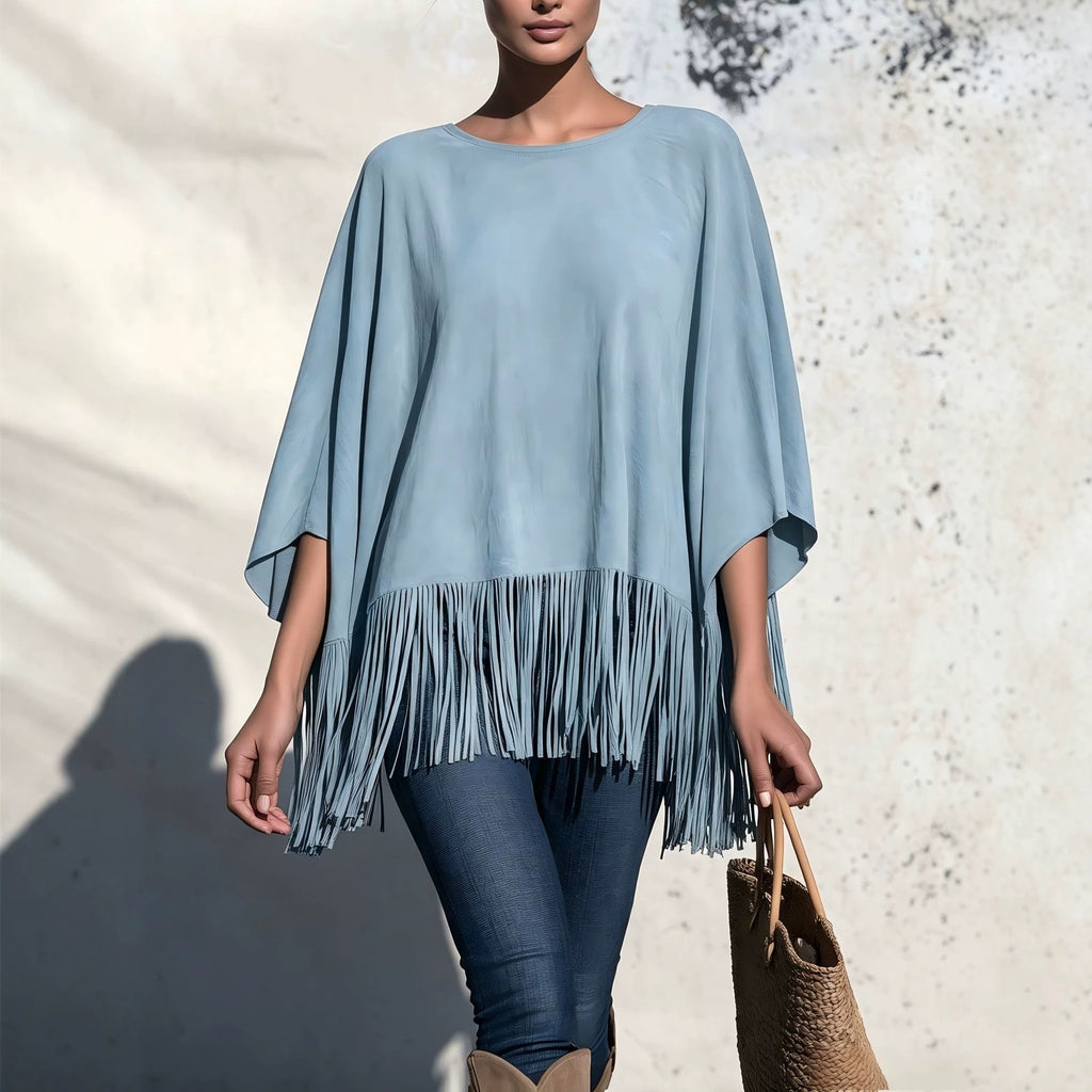 Women’s Loose Fringe Blouse – Relaxed Round Neck Top