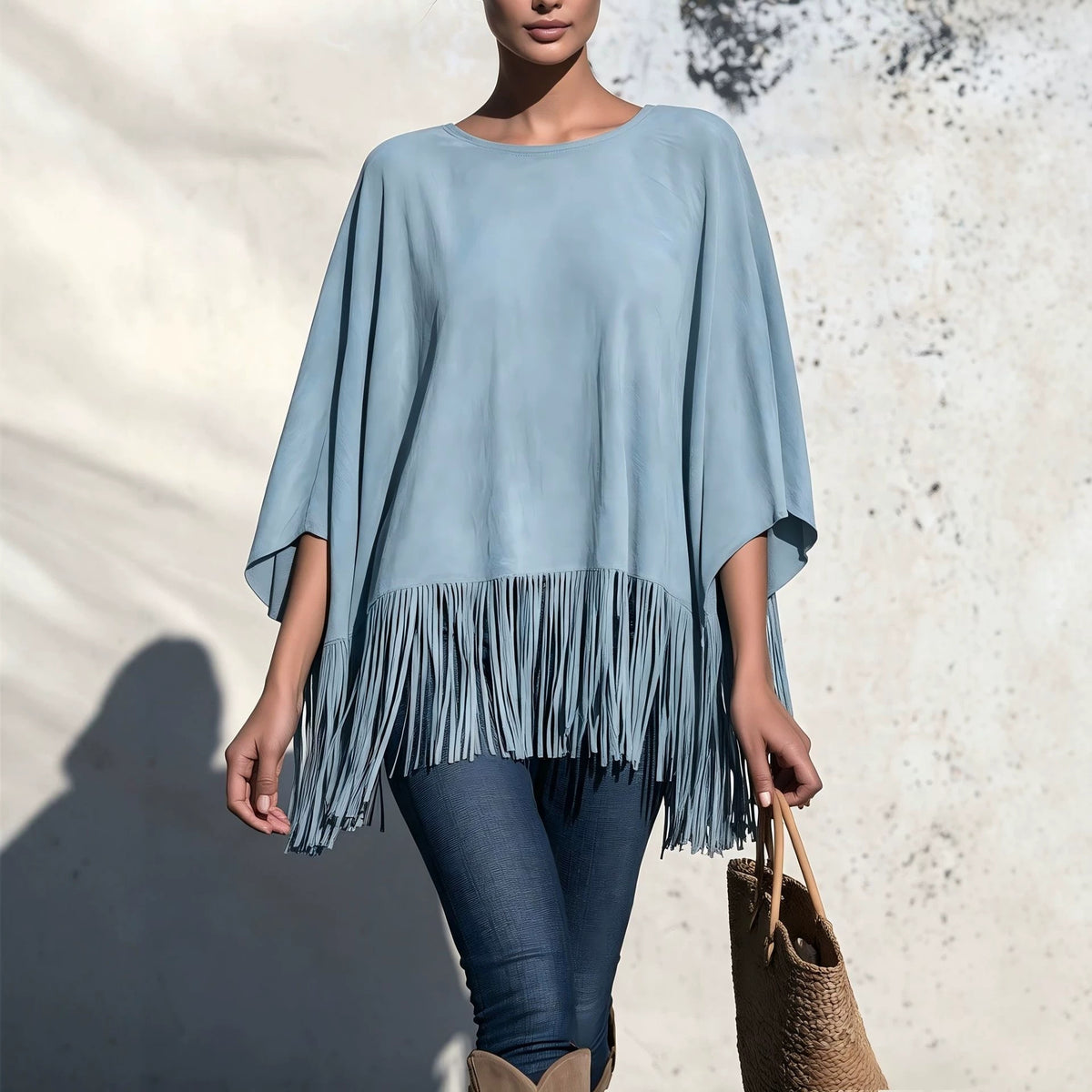 Women’s Loose Fringe Blouse – Relaxed Round Neck Top