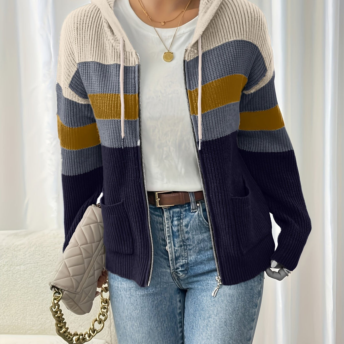 Women’s Color Block Hooded Zip Cardigan – Cozy Casual Layer