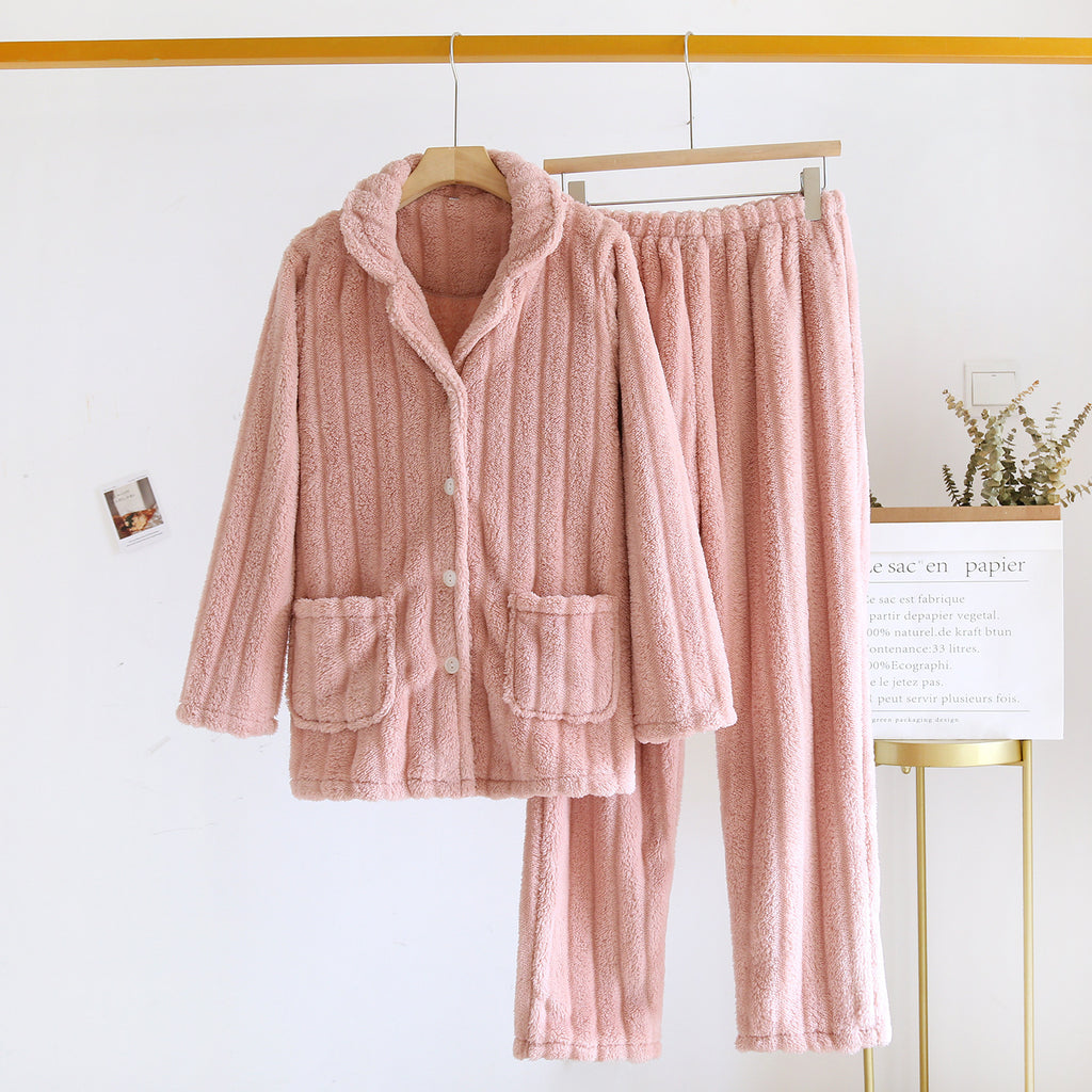 Warm Coral Fleece Pajama Set – Soft Cozy Loungewear for Autumn and Winter