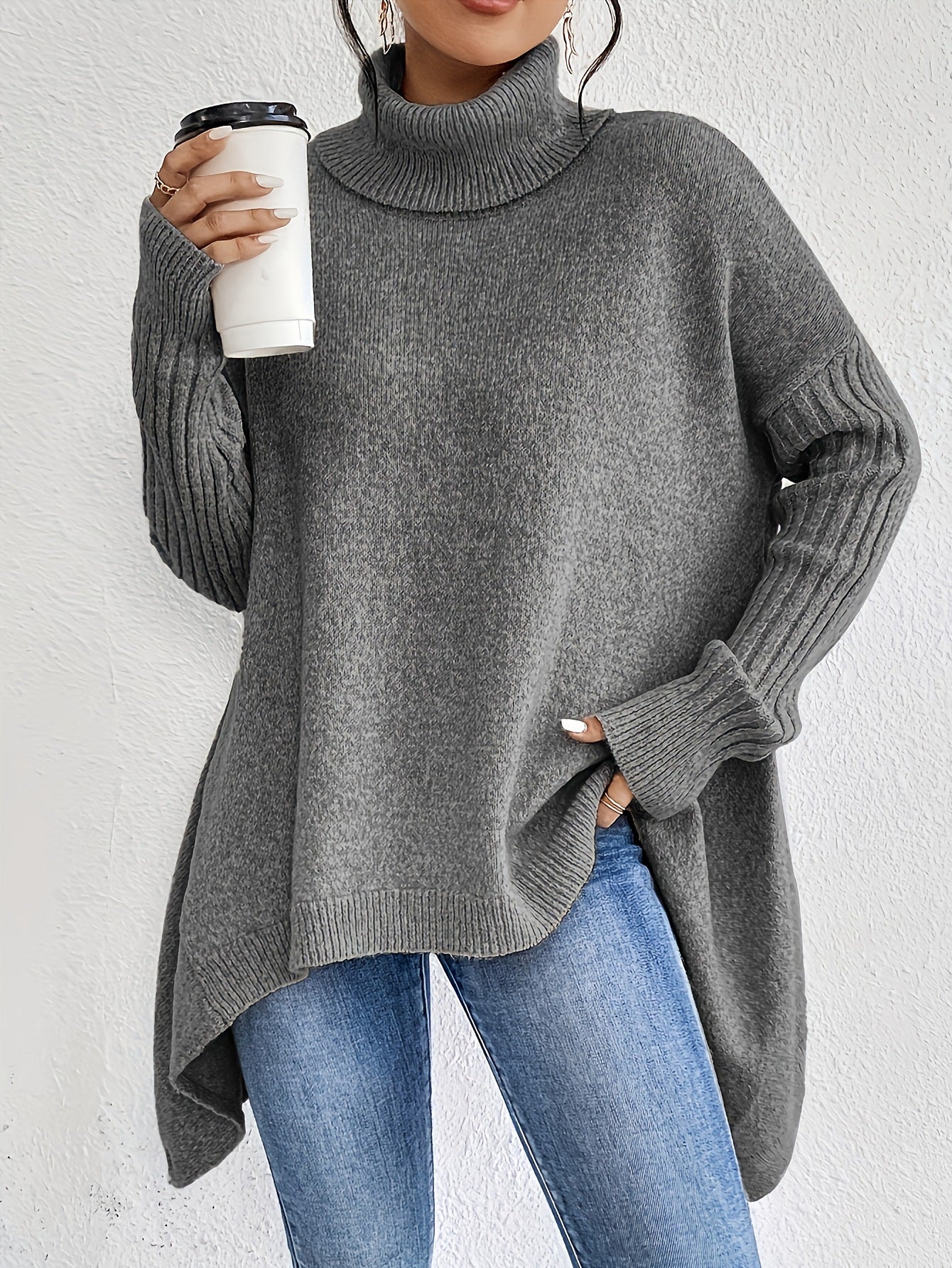 Women’s Irregular Turtleneck Sweater – Loose Knit Long-Sleeve Pullover