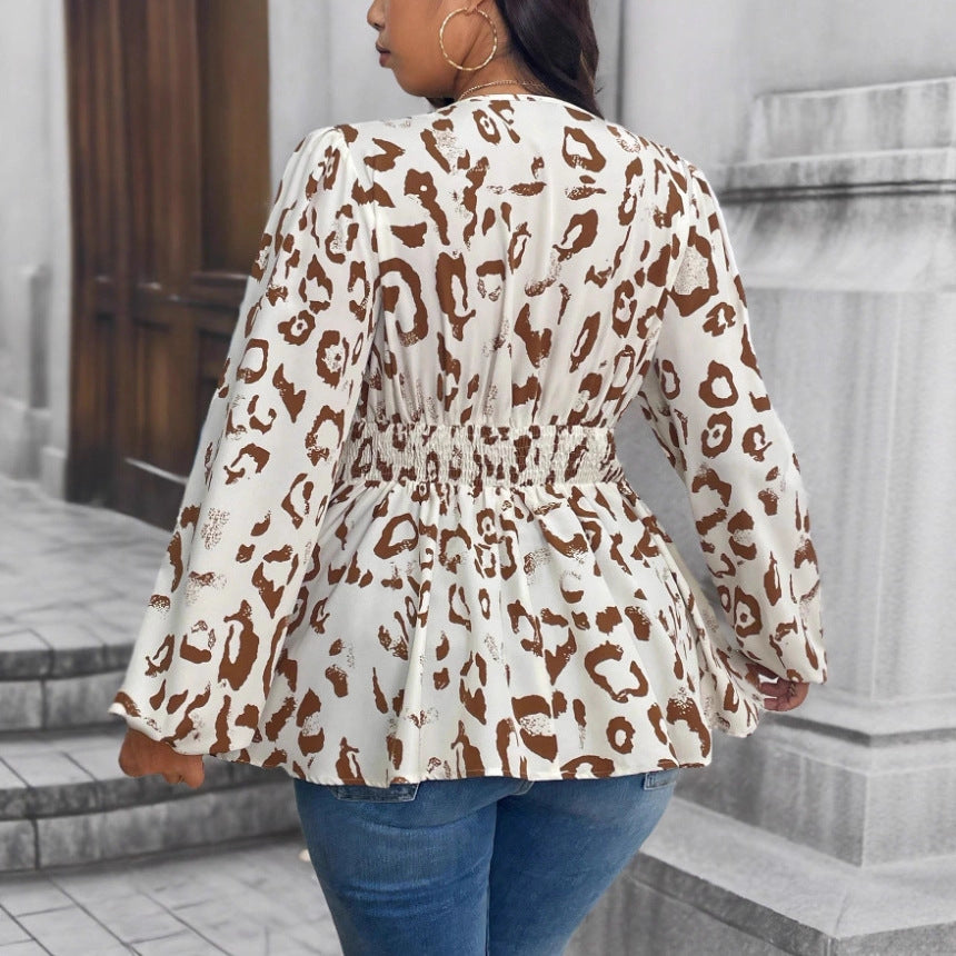 Women's Leopard V-Neck Long Sleeve Shirt - Relaxed Statement Blouse