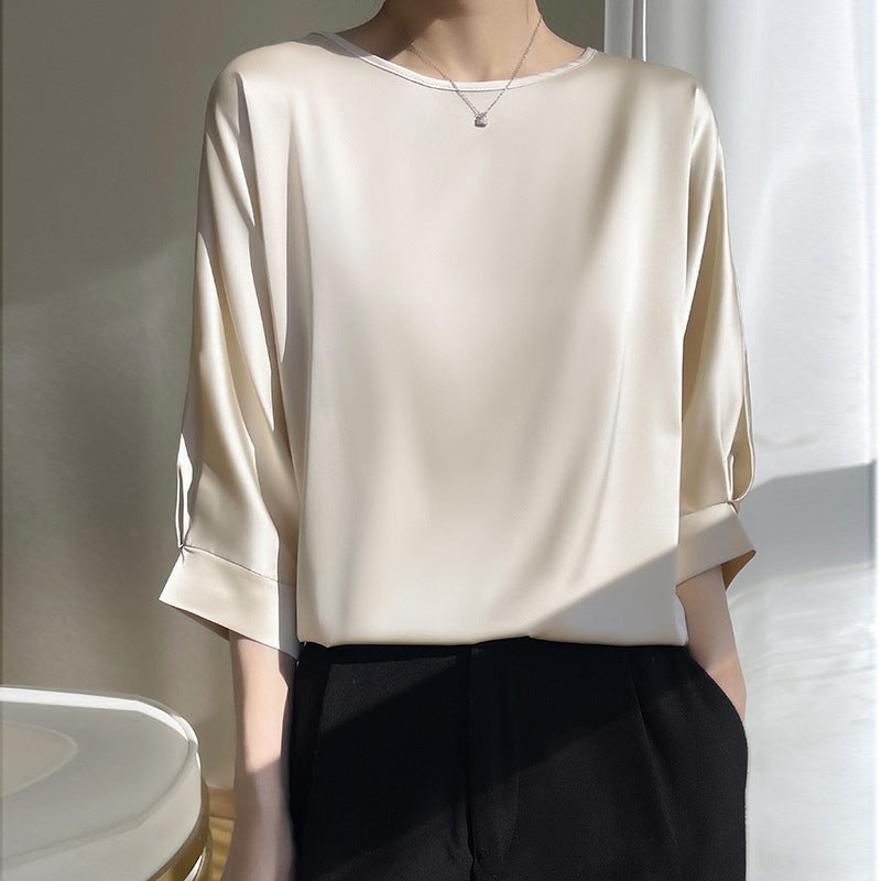 Women's Satin Ice Silk Short Sleeve Blouse – Lightweight Round Neck Top