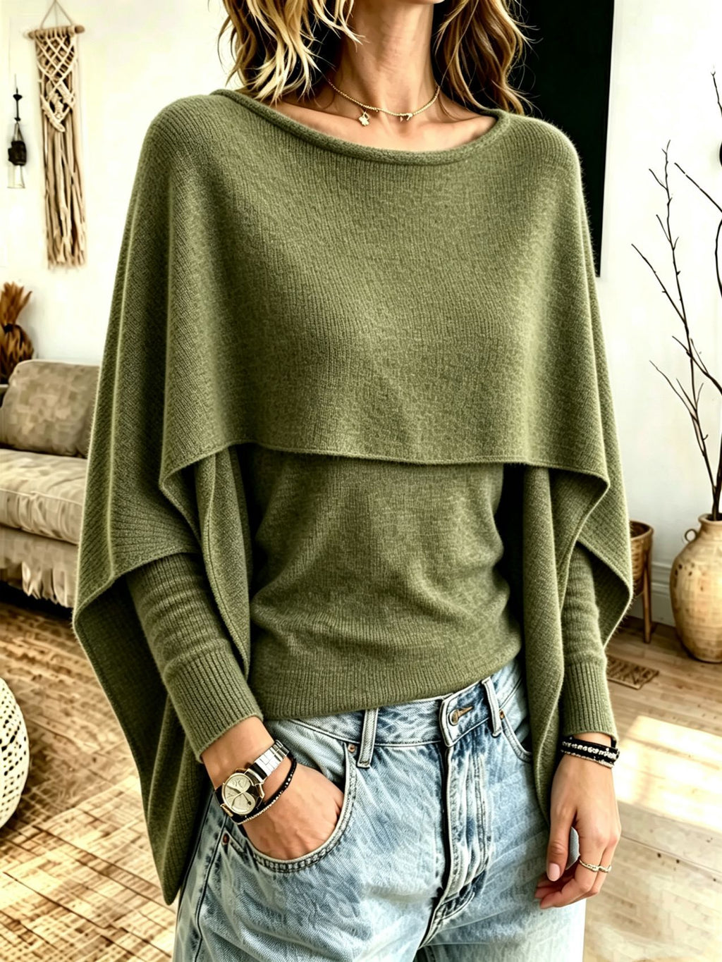 Women's Layered-Look Shawl Knit Sweater - Cozy Statement Top