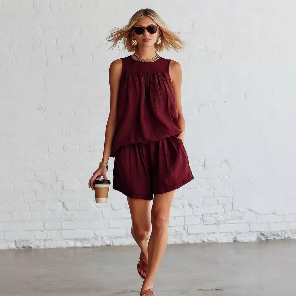 Women's Sleeveless Pleated Top and Wide-Leg Shorts Set – Effortless Summer Co-Ord Style