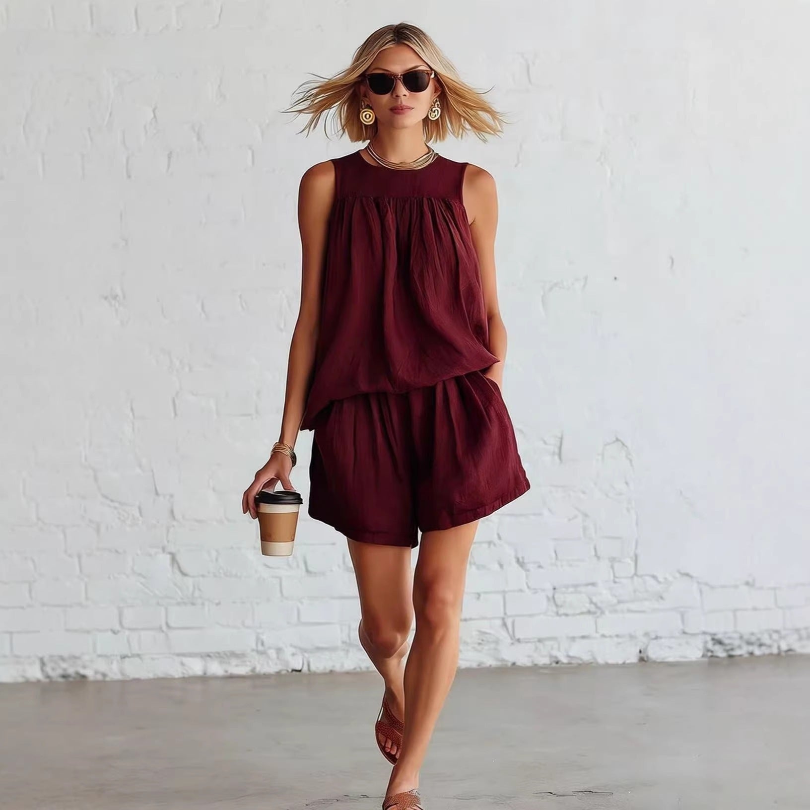 Women's Sleeveless Pleated Top and Wide-Leg Shorts Set – Effortless Summer Co-Ord Style
