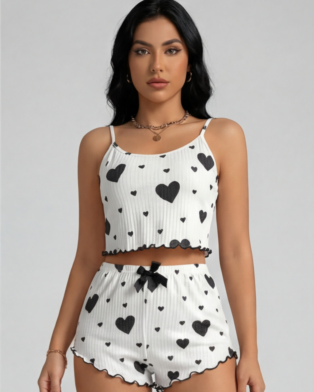 Women’s Stylish 2-Piece Heart Print Pajama Set – Comfy Top and Shorts Sleepwear