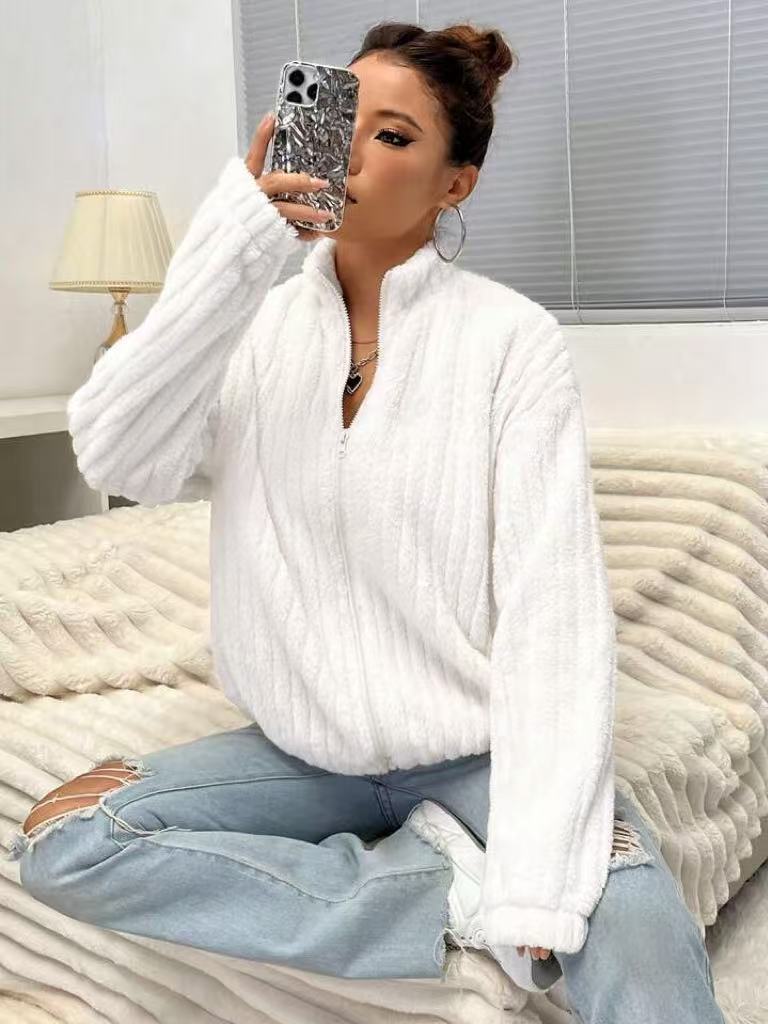 Women’s Double-Sided Plush Zip Cardigan – Warm Cozy Layer