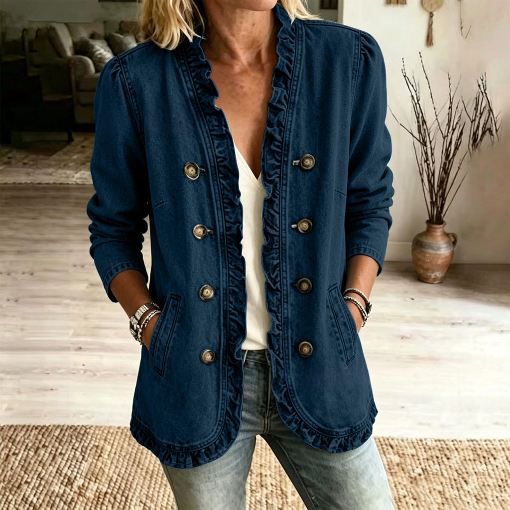 Women's Denim Jacket With Flounced Hem - Soft Casual Button Front Layer