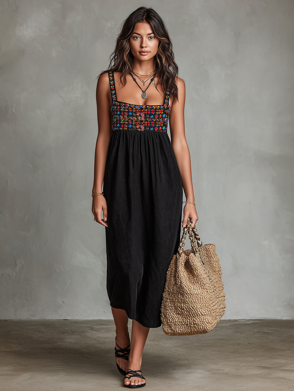 Women's Faux Suede Embroidered Midi Dress - Vacation Style Daywear