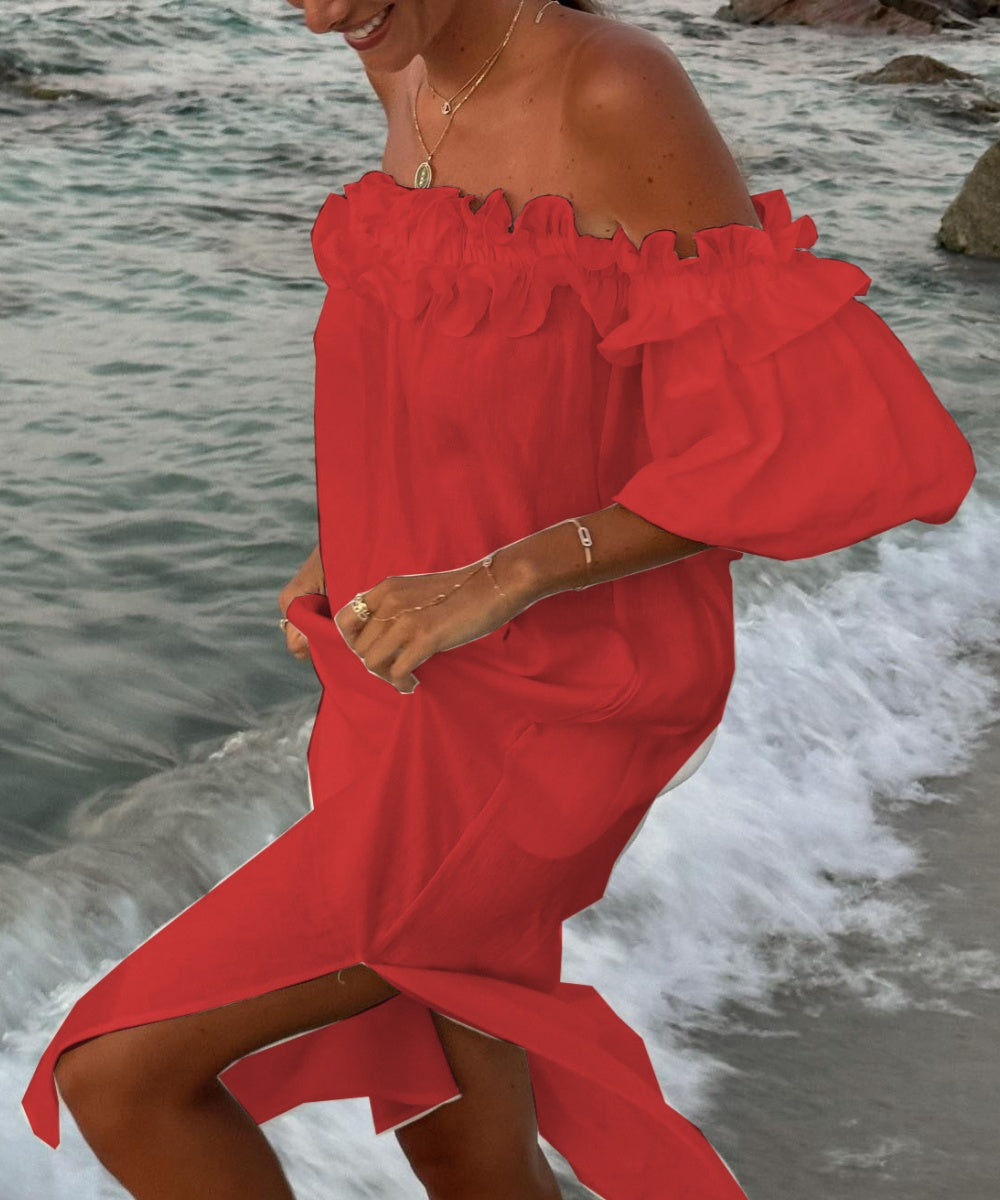 Women's Off Shoulder Cotton Maxi Dress – Boho Ruffle Summer Dress