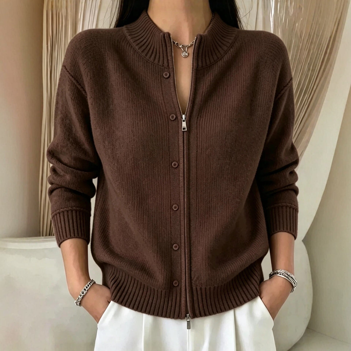 Zip-Up Crewneck Knit Sweater - Soft and Modern