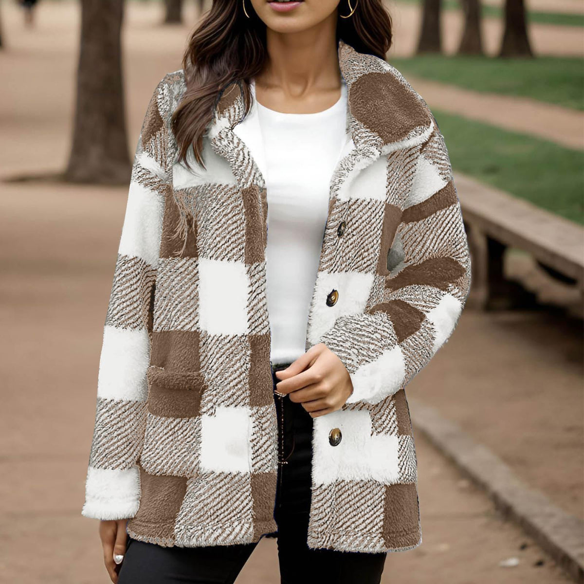 Plaid Plush Coat With Pockets - Warm and Practical