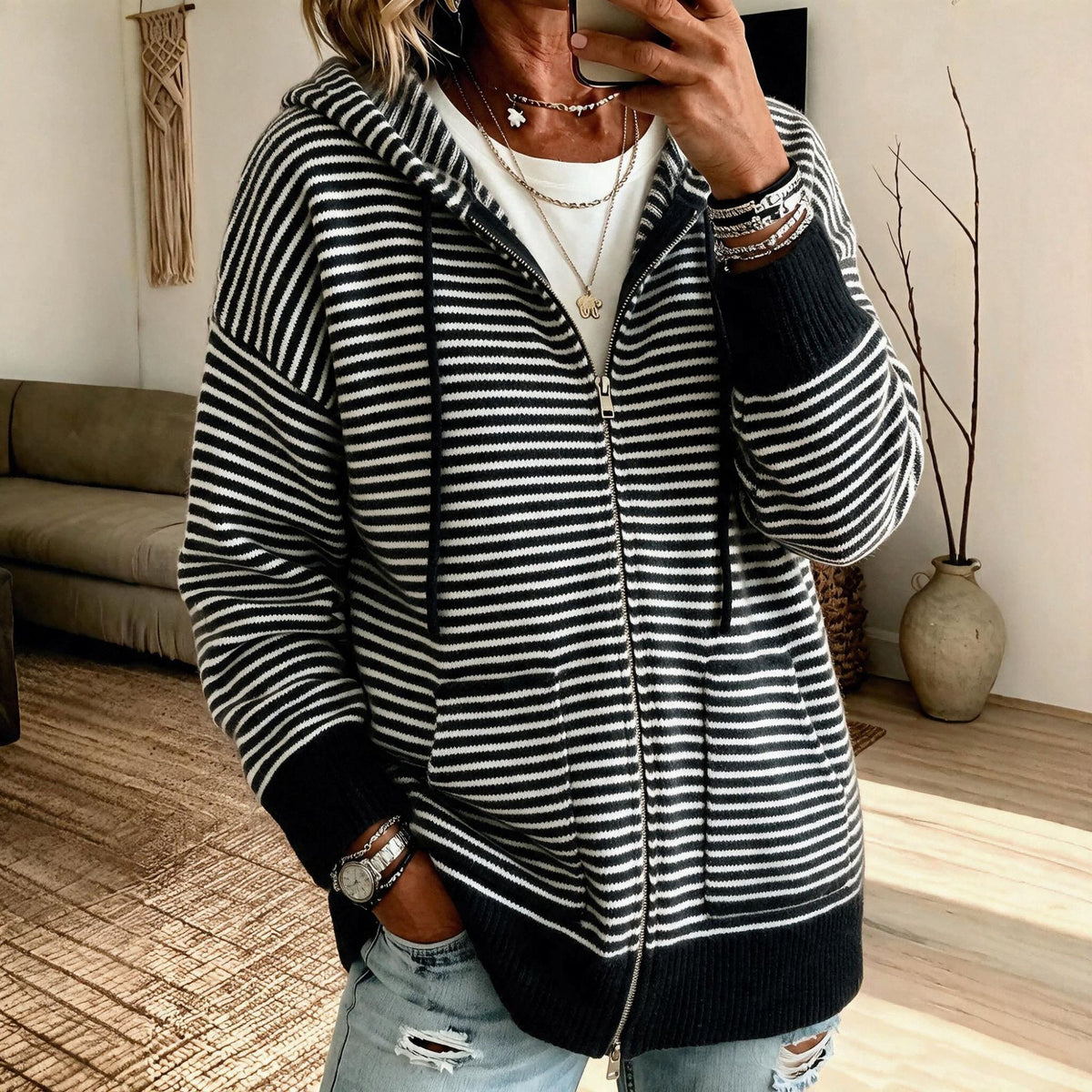 Striped Hooded Knit Cardigan - Cozy and Casual
