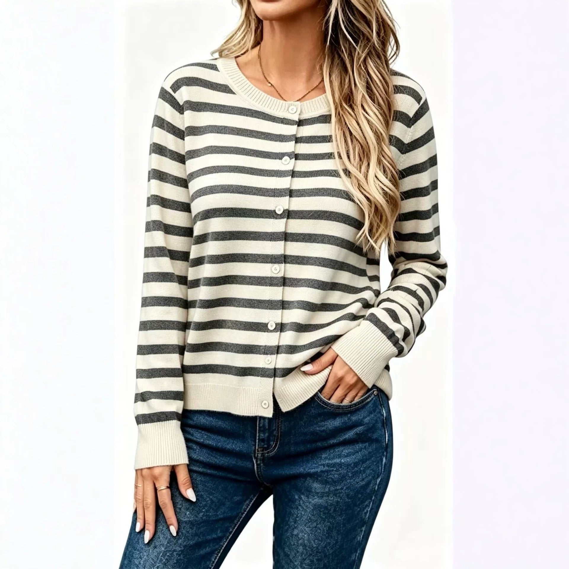 Women’s Long Sleeve Striped Knit Cardigan – Loose-Fit Cozy Casual Style
