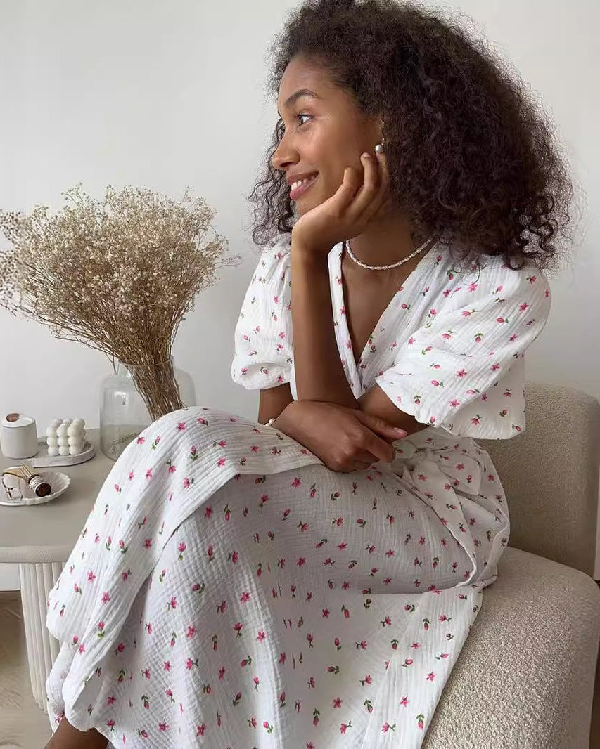 Women's Floral Tie-Front Maxi Dress – Elegant V-Neck Summer Dress