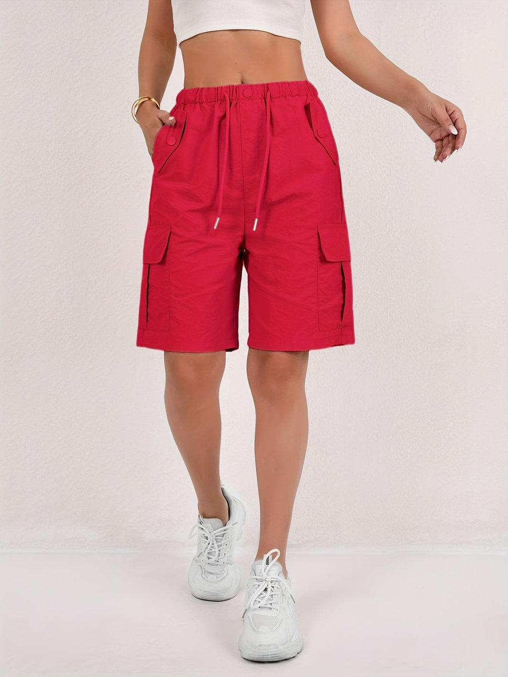 Women's Pink High-Waisted Drawstring Cargo Bermuda Shorts
