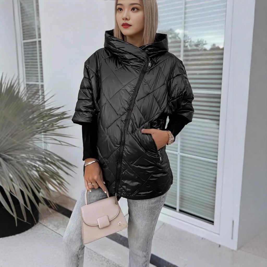 Women’s Hooded Zip-Up Puffer Jacket – Chic Patchwork Warm Winter Style