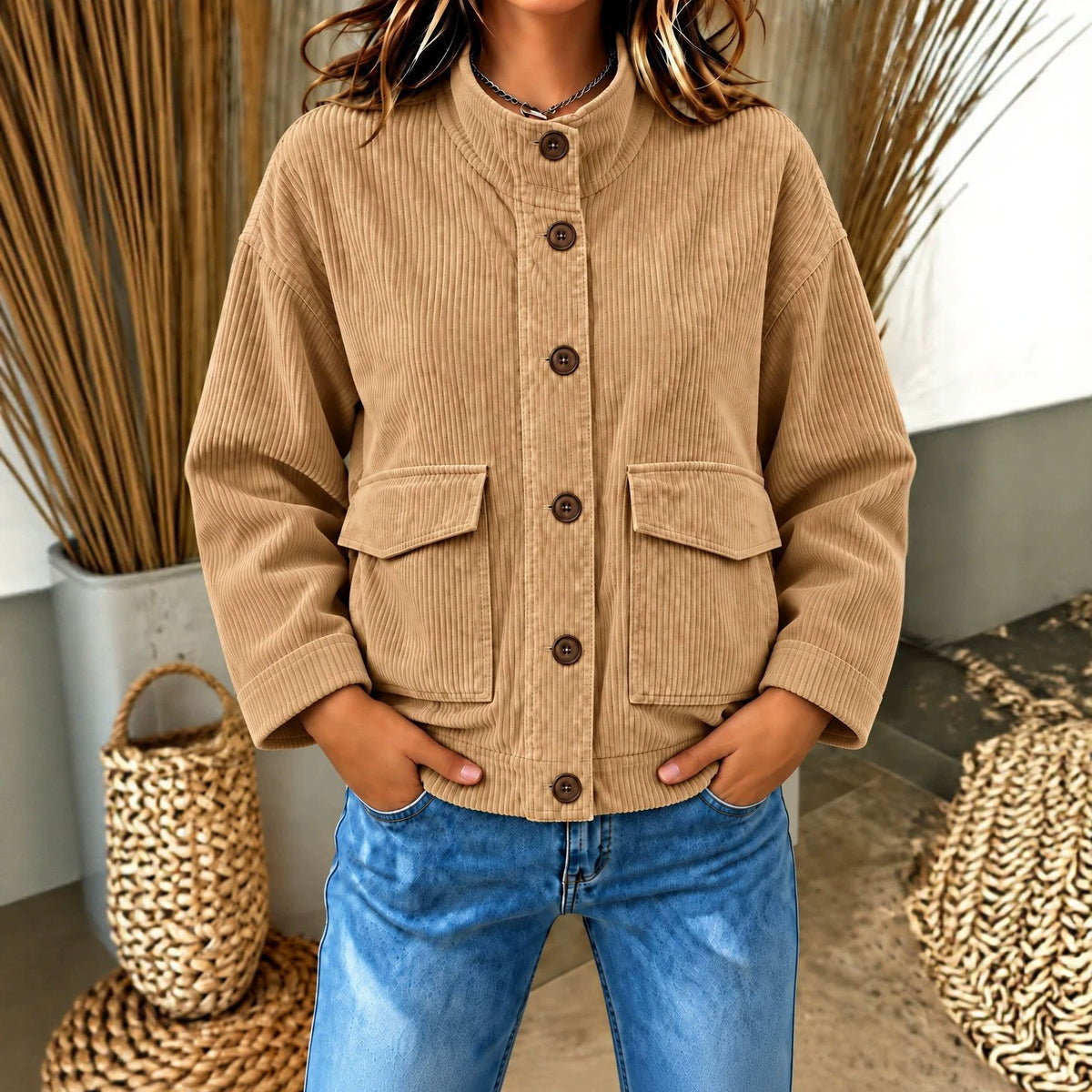 Pocket Corduroy Button-Up Top - Casual and Practical