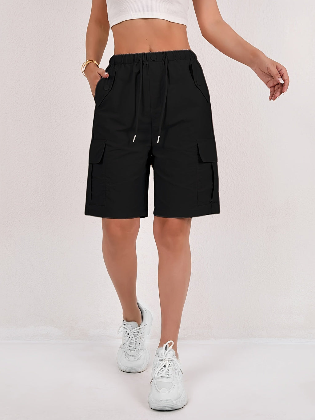 Women's Pink High-Waisted Drawstring Cargo Bermuda Shorts
